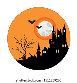 Illustration for halloween in a circle on a white background. Orange sky with black silhouette of a castle, tree and moon.