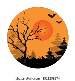 Illustration for halloween in a circle on a white background. Vector icon, logo. Forest landscape with black trees at sunset.
