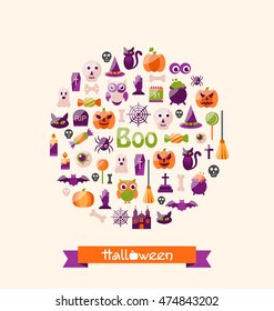 Illustration Halloween Colorful Flat Icons. Party Background - Vector