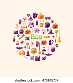Illustration Halloween Colorful Flat Icons. Party Background - Vector