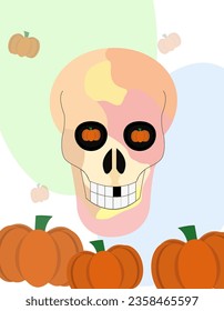 
Illustration for Halloween, a colorful skull smiling, black eyes, white teeth, on a colorful background, against a background of pumpkins