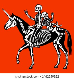 Illustration for Halloween. Couple of skeletons riding a unicorn. Human skeletons ride on a unicorn skeleton. Anatomy of magical creatures. Isolated on orange background. Happy Halloween!