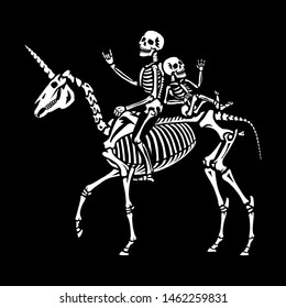 Illustration for Halloween. Couple of skeletons riding a unicorn. Human skeletons ride on a unicorn skeleton. Anatomy of magical creatures. For cards, invitations, printing on T-shirts and more.