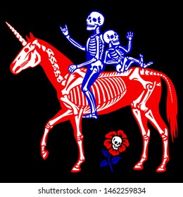 Illustration for Halloween. Couple of skeletons riding a unicorn. Human skeletons ride on a unicorn skeleton. Anatomy of magical creatures. Skull in a flower. Isolated on black background.