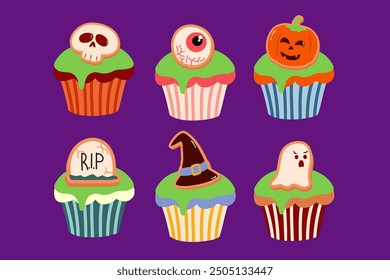 Illustration of a Halloween cupcake with pumpkin,eyeballs, witch hat,skull, ghost decorating elements