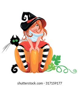 Illustration for Halloween with a cute witch sitting on big pumpkin and black cat, isolated on white background.