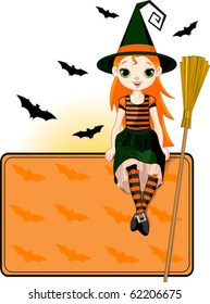 Illustration for Halloween with a cute witch  sitting on place card. All objects are separate groups