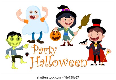 Illustration of Halloween day. Children in costumes go for Halloween party