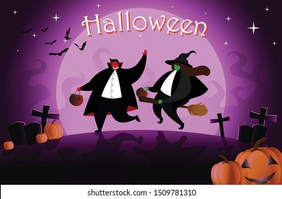 Illustration for Halloween Day with Dracula and Witch as the Halloween Costume Characters. Halloween Vector Illustration. Purple Background. 
