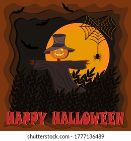 Illustration for Halloween day with the image of a stuffed animal on a field with a pumpkin head on the background of the moon, vector, gift, design, decoration, banner, poster
