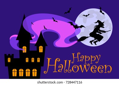 Illustration Halloween Day. Witch on a broomstick against the background of the moon.