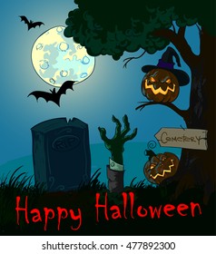 Illustration Halloween Day. Zombies waking up under a full moon. Evil pumpkin on a cemetery.