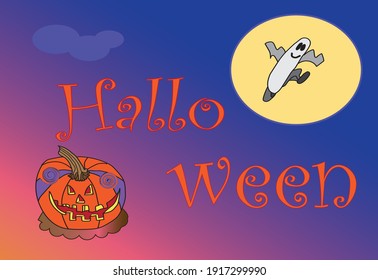 Illustration of Halloween decorated pumpkin with animated letters and ghost silhouette.