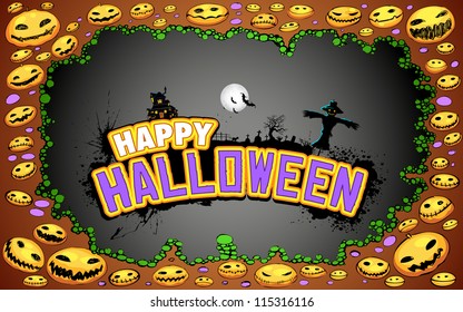 illustration of Halloween doodle with pumpkin and text