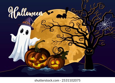 Illustration with Halloween elements.Vector illustration with ghost in hat, scary pumpkins and crooked tree on color background with moon and text.