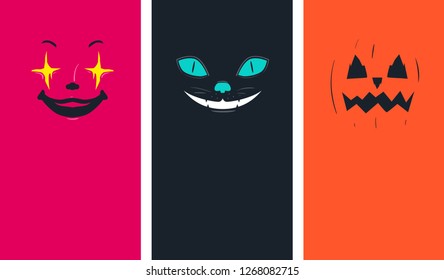 Illustration of Halloween Faces of a Clown, Cat and Pumpkin