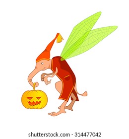 Illustration for Halloween. Fairy-tale characters with no name is on a white background. In the trunk, he is holding a lantern from a pumpkin. On the back of a green transparent wings.