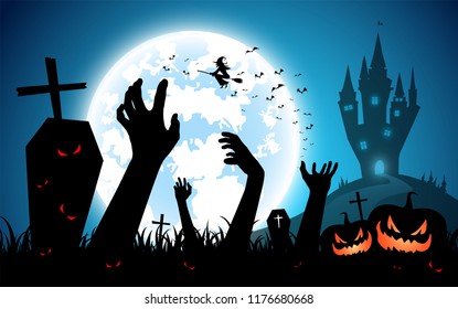 illustration halloween festival background,full moon on dark night with zombie hand up from the grave,many ghost and devil walking to castle for celebration halloween day