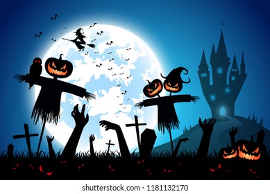 illustration halloween festival background,full moon on dark night with zombie hand up from the grave and scarecrow,many ghost and devil walking to castle for celebration halloween day