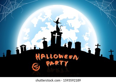 illustration halloween festival background,full moon on dark night with black cat on the grave,many ghost and devil walking to castle for celebration halloween day