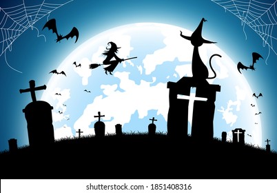 illustration halloween festival background,full moon on dark night with black cat on the grave,many ghost and devil walking to castle for celebration halloween day