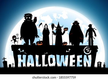 illustration halloween festival background,full moon on dark night with black cat on the grave,many ghost and devil walking to castle for celebration halloween day