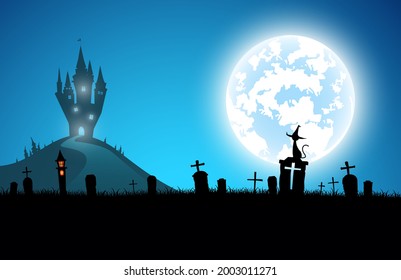 illustration halloween festival background,full moon on dark night with black cat on the grave,many ghost and devil walking to castle for celebration halloween day