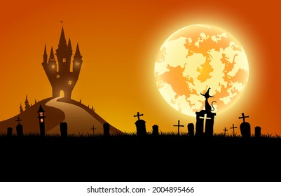 illustration halloween festival background,full moon on dark night with black cat on the grave,many ghost and devil walking to castle for celebration halloween day