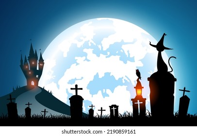 illustration halloween festival background,full moon on dark night with black cat on the grave,many ghost and devil walking to castle for celebration halloween day
