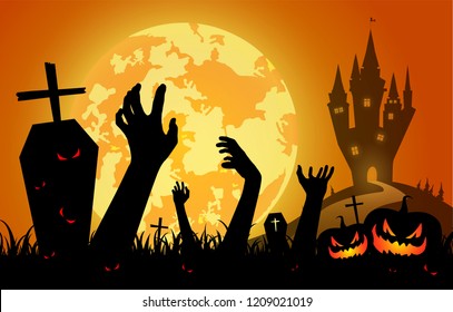 illustration halloween festival on sunset background,full moon on dark night with silhouette zombie hand up from the grave,many ghost and devil walking to castle for celebration halloween day