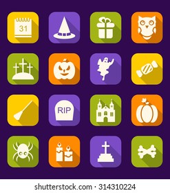 Illustration Halloween Flat Icons with Long Shadows - Vector
