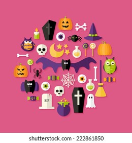 Illustration of Halloween Flat Icons Set Over Pink