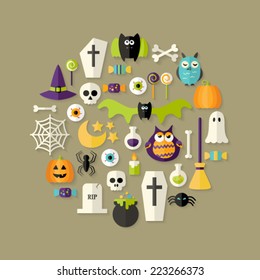 Illustration of Halloween Flat Icons Set Over Light Brown