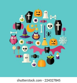 Illustration of Halloween Flat Icons Set Over Blue