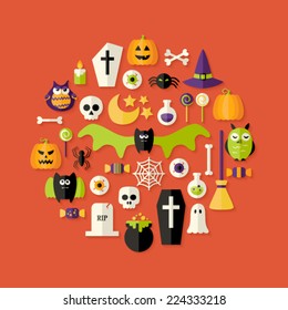 Illustration of Halloween Flat Icons Set Over Red