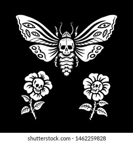 Illustration for Halloween. Flowers with human skulls and dead head hawkmoth. Night moth and flowers with skulls. Isolated on black background. For cards, invitations, T-shirts and more.