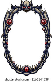 Illustration halloween frame with skull, claws, eyes, wings, magic symbols, pentagrams
