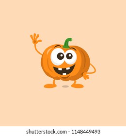 Illustration of halloween funny pumpkin mascot greeting someone with big smile isolated on light background. Flat design style for your mascot branding.