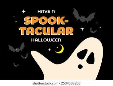 An illustration of Halloween ghost decorated with bats, stars and moon