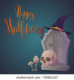 Illustration for Halloween with grave stone, witch hat, skull and poisonous mushrooms