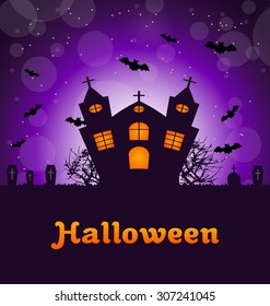 Illustration Halloween Greeting Card with Castle, Bats, Cemetery. Advertising Flyer for Party - Vector