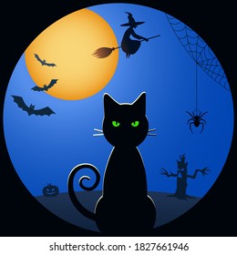 illustration for the Halloween holiday. Black cat, witch, bat and the other is fear.
