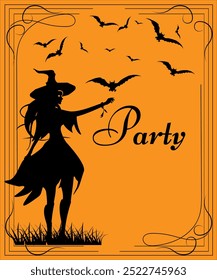 Illustration of a Halloween holiday card. Party invitation. Beautiful, young witch