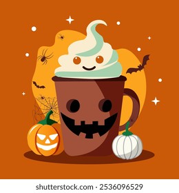 Illustration for the Halloween holiday. The coffe cup is a stylized pumpkin. Green, blue background. Vector graphics