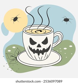 Illustration for the Halloween holiday. The coffe cup is a stylized pumpkin. Green, blue background. Vector graphics