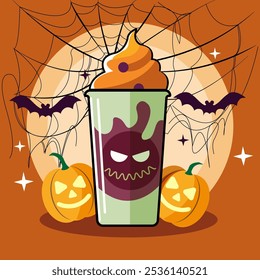 Illustration for the Halloween holiday. The coffe cup is a stylized pumpkin..Design element Vector graphics