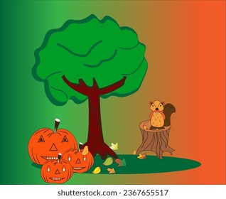 Illustration of Halloween holiday in the forest with a squirrel.