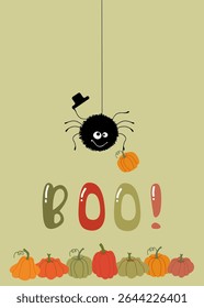 Illustration for the halloween holiday. Funny spider scares boo on the background of pumpkins Vector illustration