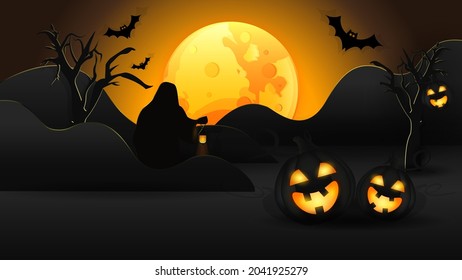 An illustration for the Halloween holiday with the image of the moon glowing with orange light, pumpkins, a black silhouette of an old man holding a lantern, black silhouettes of bats, trees and hills