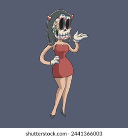 Illustration of Halloween Horror Cute Lady De Los Muertos Mexico Skull Retro Vintage Mascot Character Cartoon Design